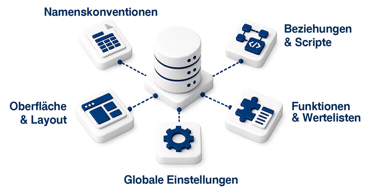 Regelwerk im Zentrum verbindet die fünf Säulen sauberer Software-Architektur: Namenskonventionen, Beziehungen & Scripte, Funktionen & Wertelisten, Globale Einstellungen, Oberfläche & Layout — der Entwicklungsansatz von JoKa-Automation
