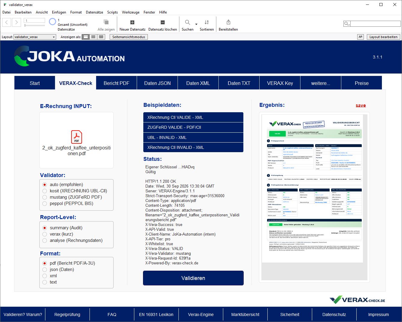 VERAX-CHECK in FileMaker: E-Rechnung wählen, Validator und Report-Level einstellen, Prüfbericht als PDF zurück – FileMaker-Anbindung von JoKa-Automation