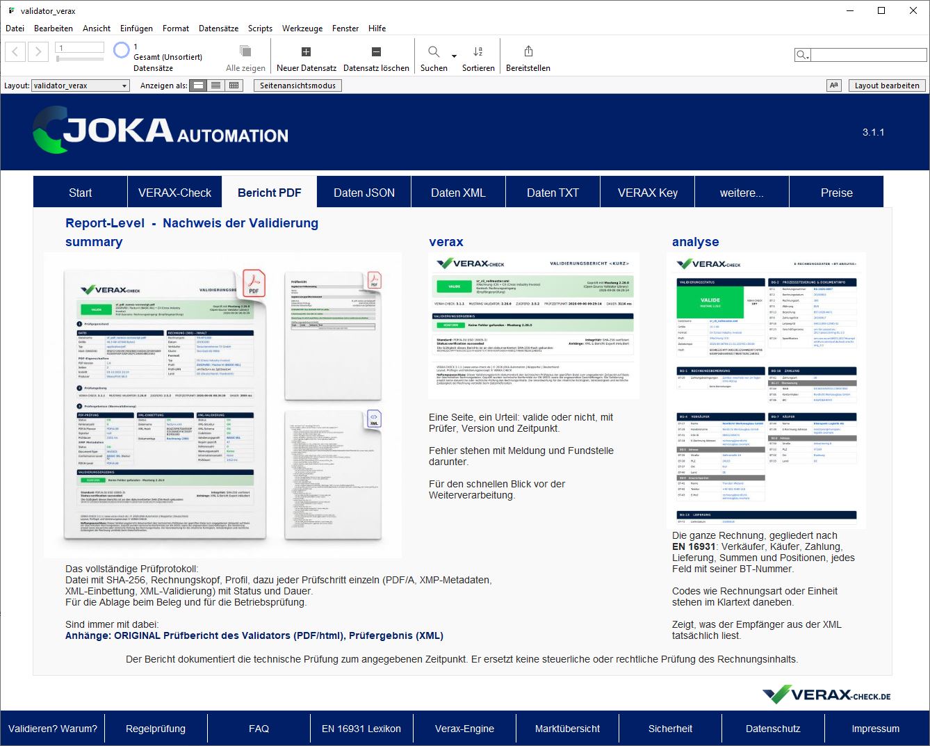 Drei PDF-Berichte von VERAX-CHECK in FileMaker: Audit-Bericht, Kurzbericht und Rechnungsdaten-Analyse – JoKa-Automation