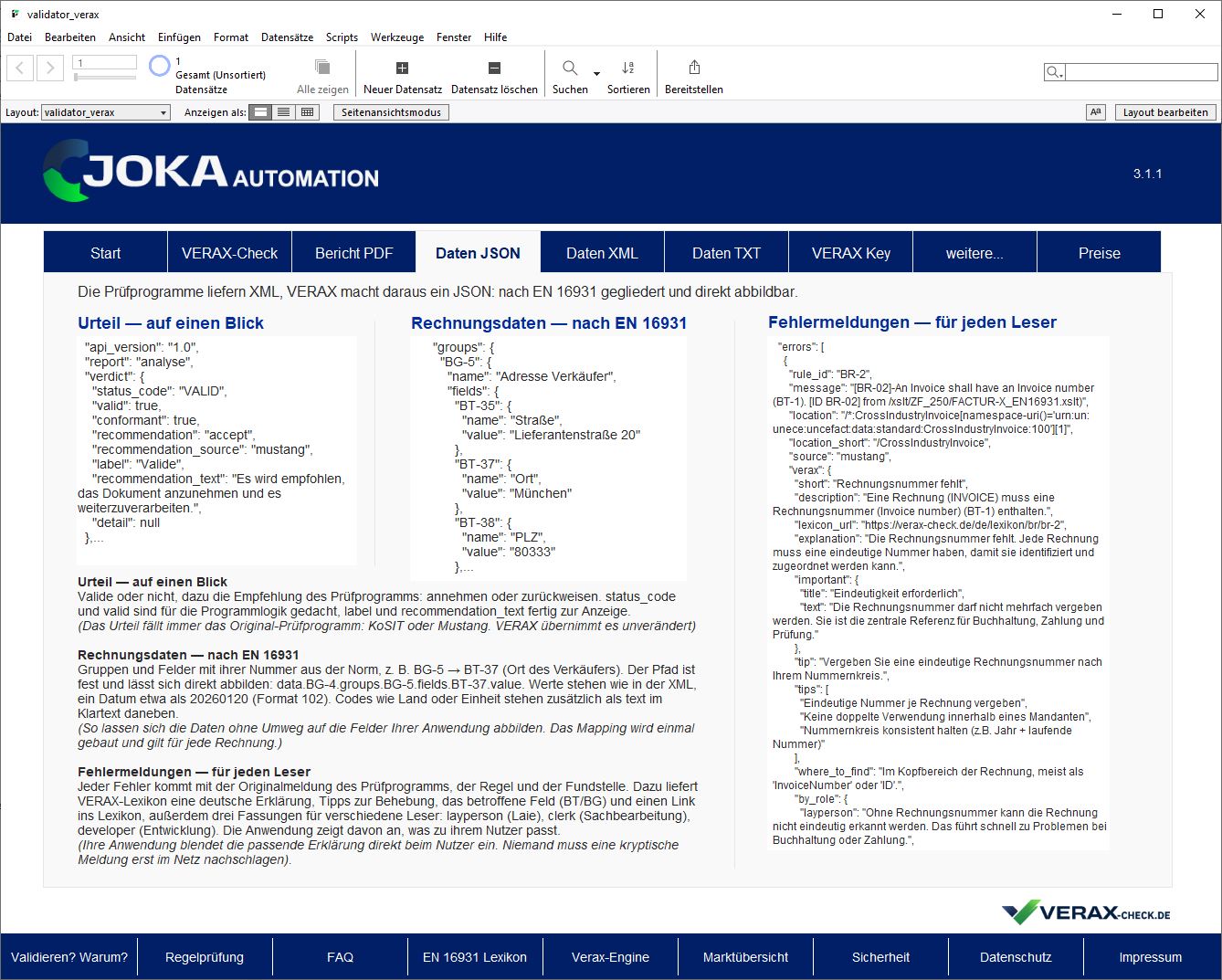 JSON-Ausgabe der VERAX REST-API in FileMaker: Urteil, Rechnungsdaten nach EN 16931 und Fehlermeldungen mit Erklärung – JoKa-Automation