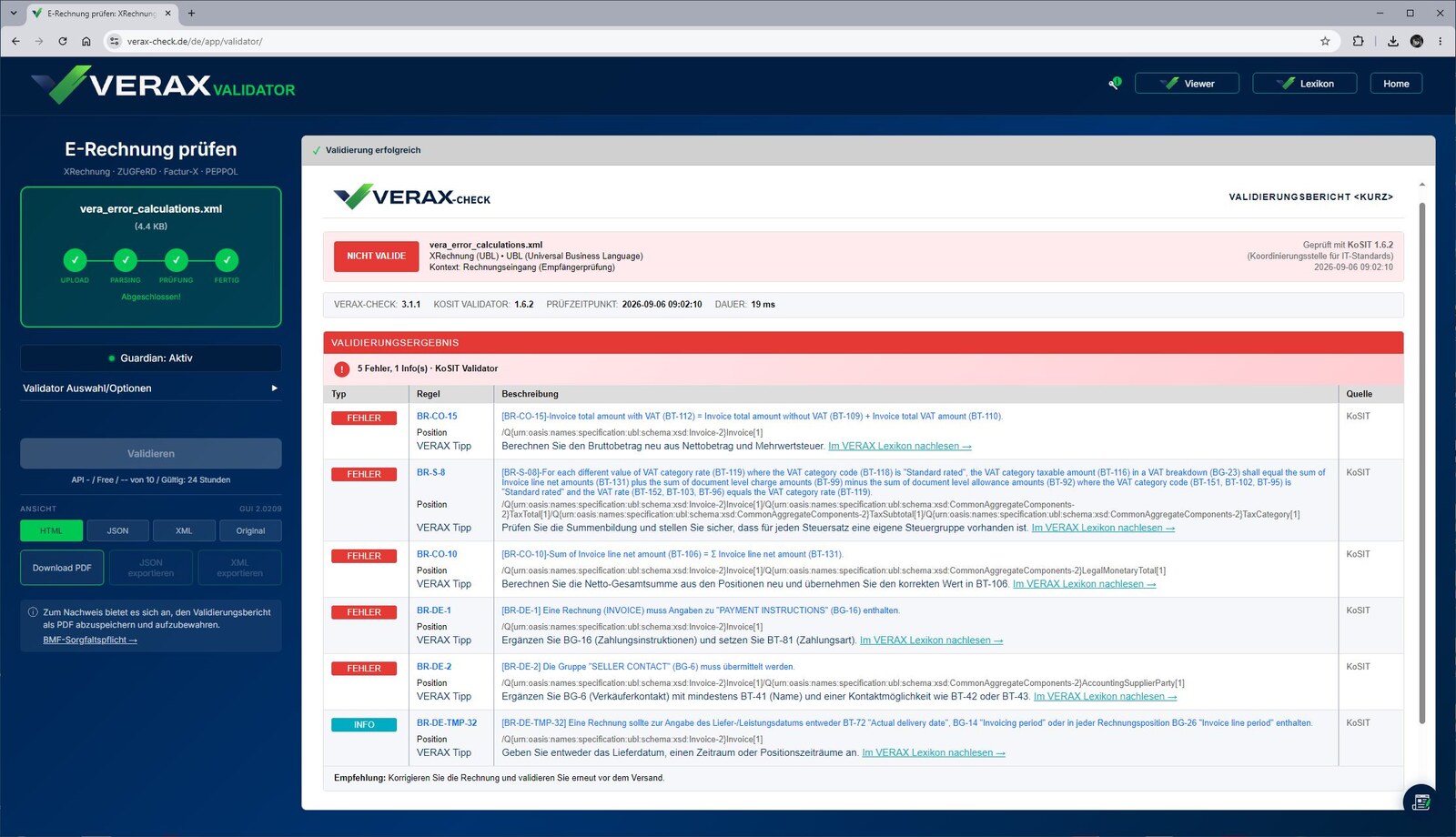 VERAX Validator mit Prüfbericht, VERAX-Tipps und Lexikon-Links – JoKa-Automation