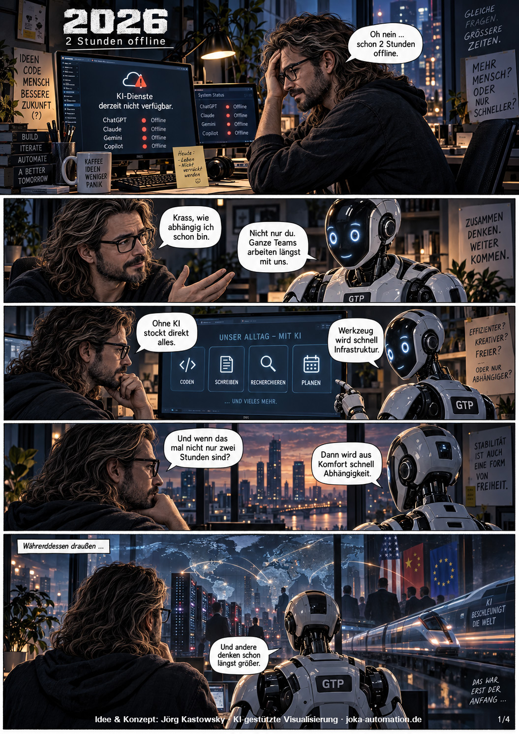 Comicseite 1 von 4: Ein Entwickler sitzt vor Bildschirmen, auf denen alle KI-Dienste als offline gemeldet werden. Im Gespräch mit einem Roboter stellt er fest, wie abhängig sein Arbeitsalltag bereits von KI ist — vom Coden über das Schreiben bis zum Recherchieren. Der Roboter antwortet, aus Komfort werde schnell Abhängigkeit.
