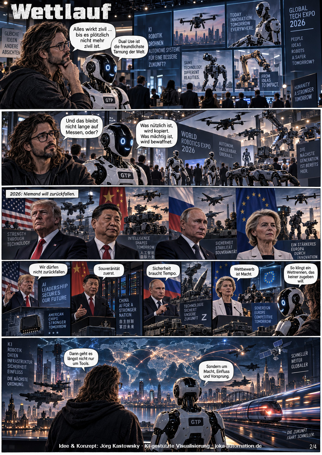 Comicseite 2 von 4: Auf einer Technikmesse zeigen sich Roboter und Drohnen als zivile Innovation. Der Roboter erklärt, was nützlich sei, werde kopiert, was mächtig sei, werde bewaffnet. Anschließend stehen Staatsführungen mehrerer Länder nebeneinander, jede mit dem Argument, nicht zurückfallen zu dürfen. Am Ende steht die Feststellung, es gehe längst nicht mehr um Werkzeuge, sondern um Macht, Einfluss und Vorsprung.