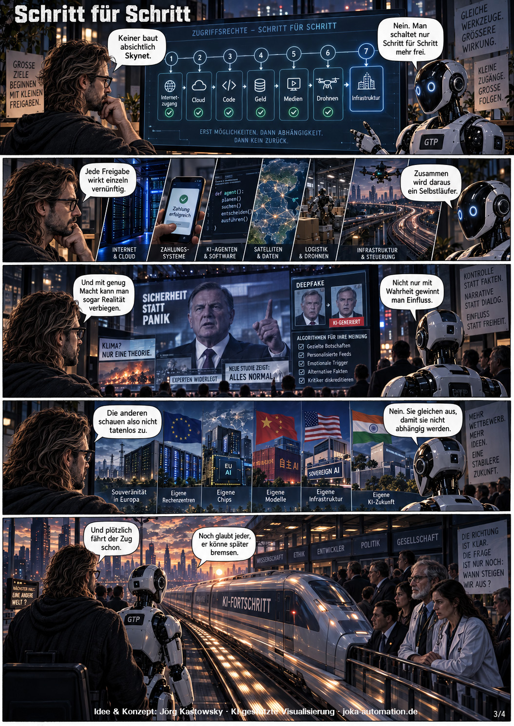Comicseite 3 von 4: Eine Zeitleiste zeigt, wie Zugriffsrechte Schritt für Schritt freigegeben werden — Internet, Cloud, Code, Geld, Medien, Drohnen, Infrastruktur. Jede einzelne Freigabe wirkt für sich vernünftig, zusammen entsteht ein Selbstläufer. Weitere Bilder zeigen Meinungssteuerung durch KI-generierte Inhalte und Staaten, die eigene Rechenzentren, Chips und Modelle aufbauen.