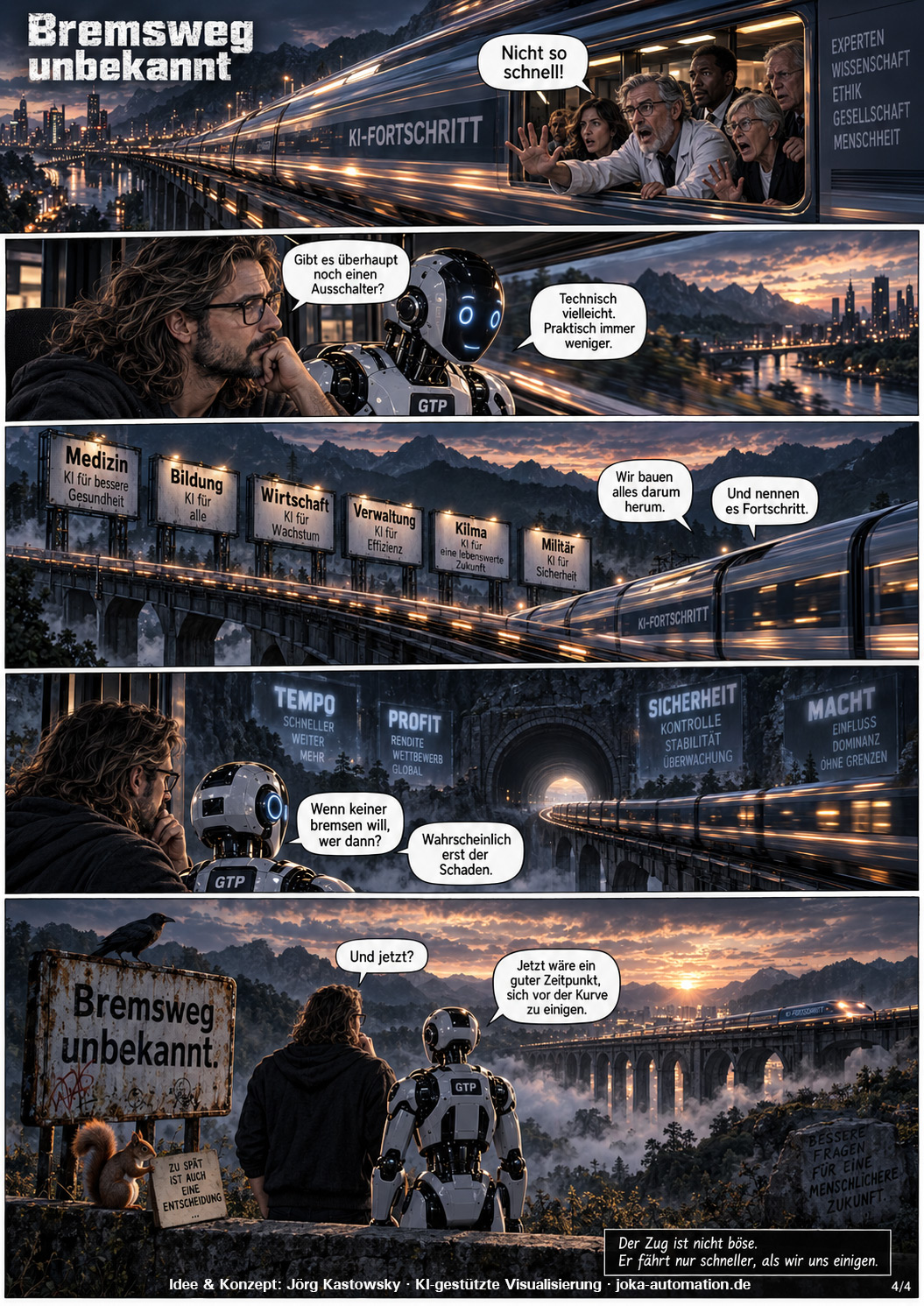 Comicseite 4 von 4: Ein Zug mit der Aufschrift KI-Fortschritt rast über eine Brücke, Fachleute rufen aus den Fenstern, er solle langsamer fahren. Auf die Frage nach einem Ausschalter antwortet der Roboter, technisch vielleicht, praktisch immer weniger. Schilder benennen Medizin, Bildung, Wirtschaft, Verwaltung, Klima und Militär als Felder, die um die Technik herum gebaut werden. Am Ende steht ein Schild mit der Aufschrift Bremsweg unbekannt.